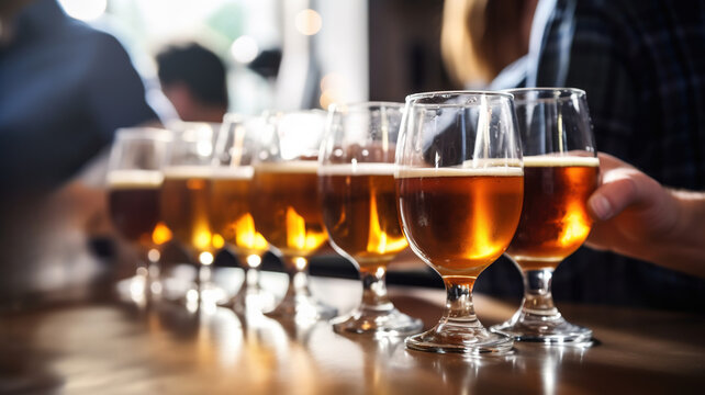 Draft Craft beer in glasses on the bar stand in a row, a pub counter with a blurred background