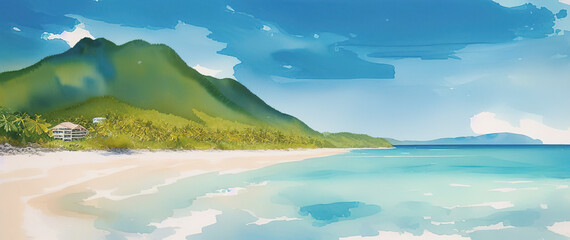 Fototapeta na wymiar Tropical beach panorama with palms and rocks, Seychelles, Generative AI