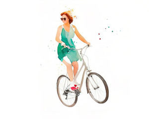 Watercolor postcard of a cyclist on a white isolated background, Generative AI.