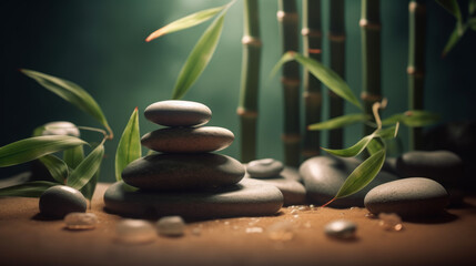 Fototapeta na wymiar Spa still life with stacked of stone and bamboo leaf. AI generated
