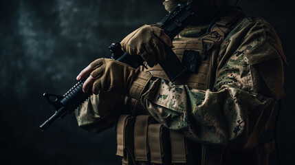 Soldier holding a gun realistic isolated background. Al generated