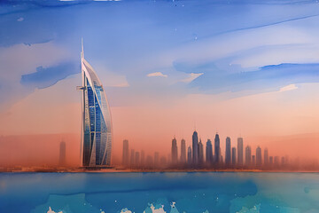 Panorama of dubai at sunset in the evening, Generative AI.