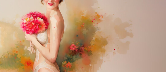 Watercolor drawing of an elegant, slim, sexy girl in lingerie with flowers. Generative AI.