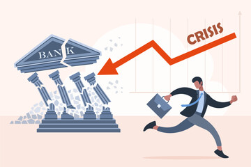 Broken bank, panic, runaway manager. Concept economic financial and banking crisis, bankruptcy. Fall collapse of banks and banking system, crisis management. Flat vector illustration.