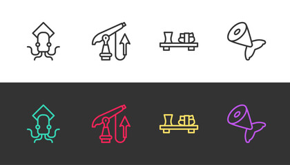 Set line Octopus, Fishing harpoon, Sushi cutting board and tail on black and white. Vector