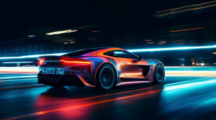 Fototapeta na wymiar Fast supercar driving at high speed, with stunning neon lights. Motion blur effect speed. AI generated