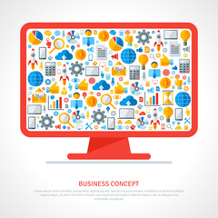 Monitor with flat business icons inside. Vector illustration. Business startup concept. Online services. Marketing concept in flat style. Cloud computing technologies.