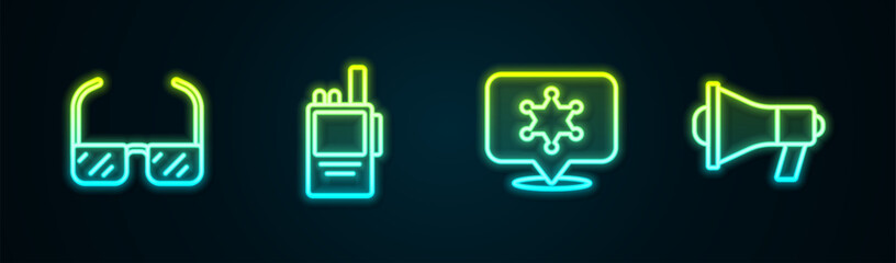 Set line Safety goggle glasses, Walkie talkie, Hexagram sheriff and Megaphone. Glowing neon icon. Vector