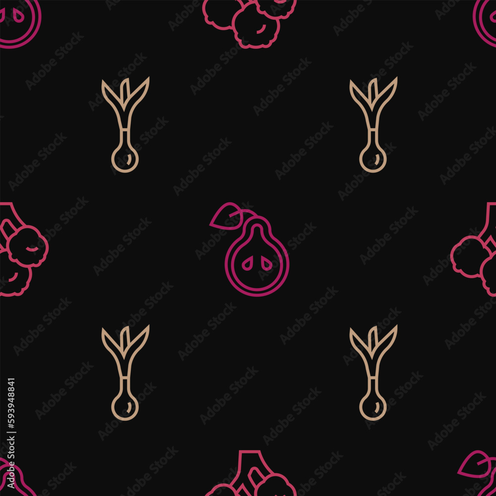 Aufkleber set line broccoli, onion and pear on seamless pattern. vector
