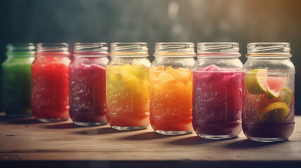 Fototapeta na wymiar Set of colorful smoothies on bright background. Al generated