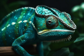 Obraz premium Close up portrait of green chameleon. AI generated.