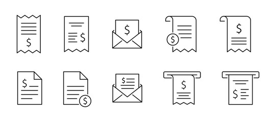 Receipt icon. Bill, receipt icons collection. Invoice or bill line icons
