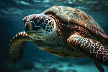 Close Up portrait of happy sea turtle swimming underwater. AI generated.