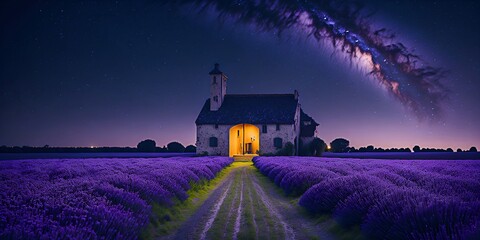illustration of a field of lavender fields in provence, french, with a beautiful typical house,