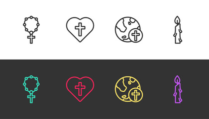 Set line Rosary beads religion, Christian cross in heart, with globe and Burning candle on black and white. Vector