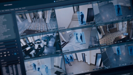 Playback from CCTV cameras in business office displayed on digital tablet or computer screen....