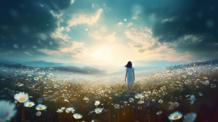 Woman walking in a field of white daisies with dramatic sunset sky. Generative Ai.