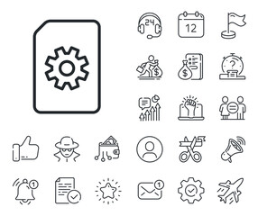 Information File with Cogwheel sign. Salaryman, gender equality and alert bell outline icons. Document Management line icon. Paper page concept symbol. File Management line sign. Vector