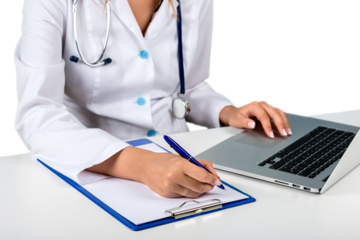 Closeup of Doctor Writing on Clipboard and Using a Laptop
