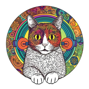 Hippie cat on psychedelic background illustrations vector
