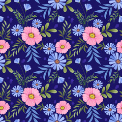 Beautiful blooming flowers design on blue color background seamless pattern. Can be used for fabric textile wallpaper.