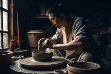 Male potter in old craft workshop professionally shaping clay for pot. Genetative AI