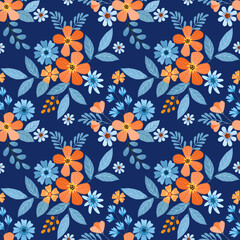 Fototapeta na wymiar Beautiful blooming flowers design on blue color background seamless pattern. Can be used for fabric textile wallpaper.