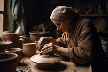 Old woman making a pot in pottery workshop. Generative AI