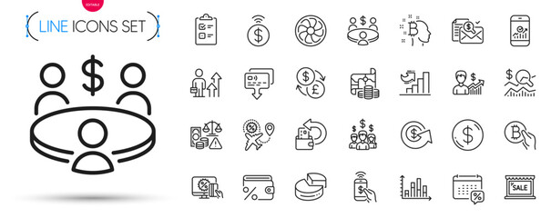 Pack of Sale, Online shopping and Card line icons. Include Meeting, Phone payment, Flight sale pictogram icons. Business results, Checklist, Fan engine signs. Salary employees. Vector
