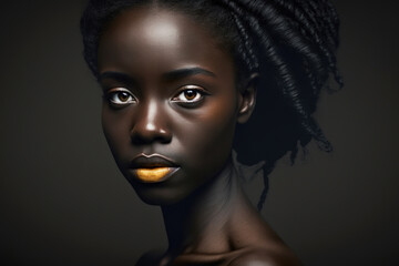 Naklejka na ściany i meble Black beautiful woman model with creative art makeup on black background. Generative AI