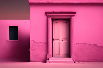 Pink door on the side of building. Pink color concept. Generative AI