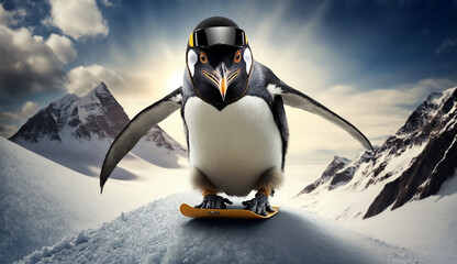 Pinguin Snowboarder in den Bergen KI