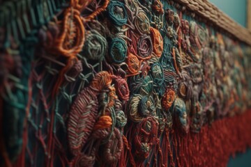 Unique and intricate macrame wall hanging woven with colorful cords and fibers, concept of Intricate Pattern and Textile Art, created with Generative AI technology