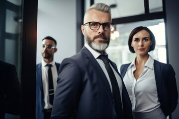 Group of confident business people in suits standing in modern office interior. Generative AI