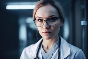 Female doctor portrait in hospital hallway. Generative AI