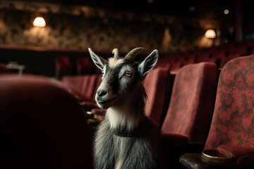 Photo of pygmy goat at the cinema. Animal influencer.