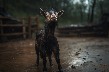Photo of pygmy goat dancing in the rain. Animal influencer.