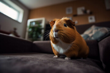 Photo of guinea pig on a couch watching tv. Animal influencer.