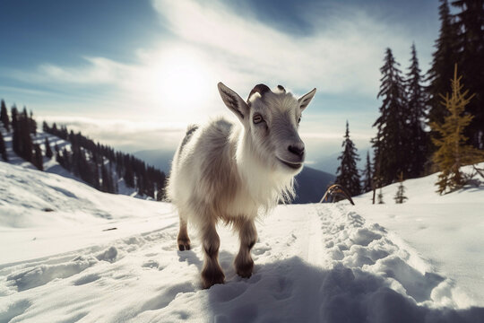 Photo of pygmy goat snowboarding. Animal influencer.