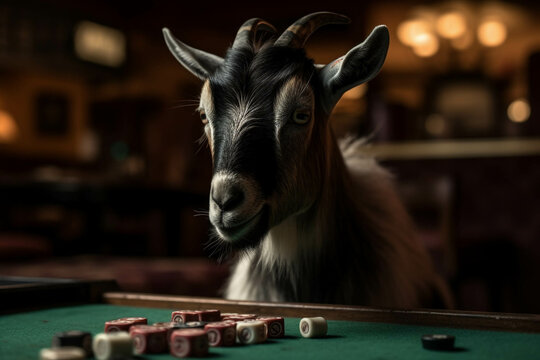 Photo of pygmy goat at the casino playing dices. Animal influencer.