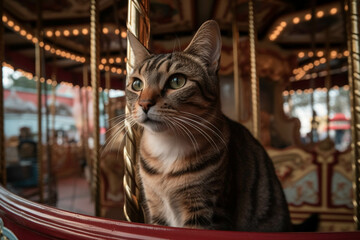 Photo of cat at a carousel in a theme park. Animal influencer.