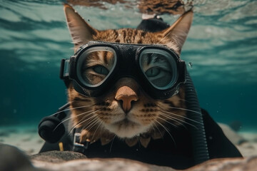 Photo of cat scubadiving wearing mask. Animal influencer.