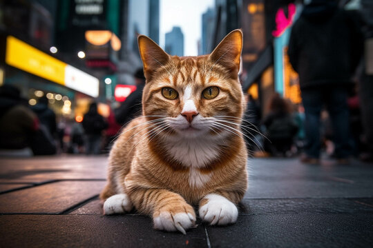 Photo of cat at times square in ny. Animal influencer.
