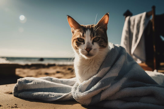 Photo of cat sunbathing on a towel at the beach. Animal influencer.