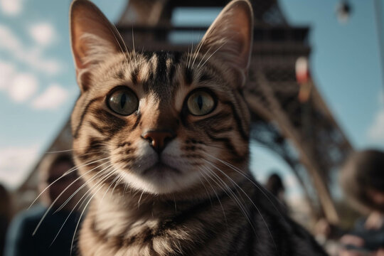 Photo of cat at the eiffel tower In Paris. Animal influencer.