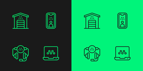 Set line Taxi mobile app, call telephone service, Garage for taxi car and driver license icon. Vector