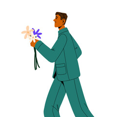 Happy soldier coming back after war. Peaceful serviceman in abstract uniform with flower bouquet in hand, celebrating peace and victory. Flat graphic vector illustration isolated on white background