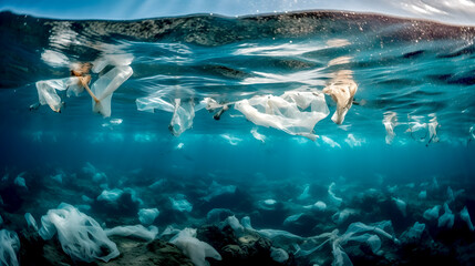 Fototapeta na wymiar The ocean full of plastic waste. microplastic polluting the sea. Generated AI
