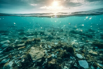 The ocean full of plastic waste. microplastic polluting the sea. Generated AI
