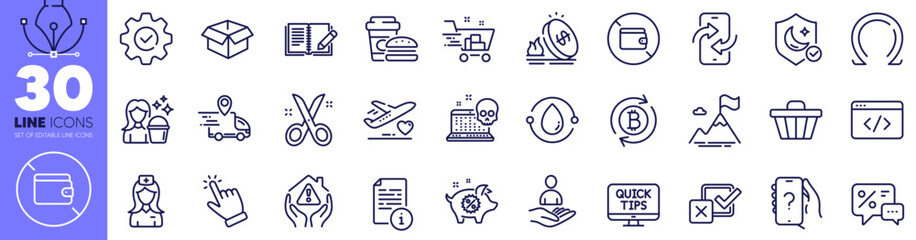 Seo script, Opened box and Shop cart line icons pack. Cold-pressed oil, Mountain flag, Web tutorials web icon. Piggy sale, Gas price, Wallet pictogram. Feedback, Fast food, Hospital nurse. Vector